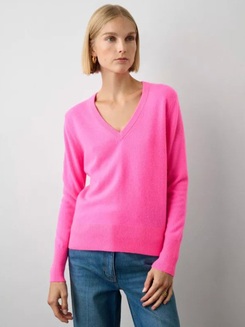 White + Warren Hot Pink V-Neck Cashmere Sweater